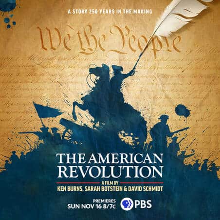 A poster for The American Revolution: A Film, with a graphic of a soldier on a horse in front of "We The People" from the Declaration of Independence