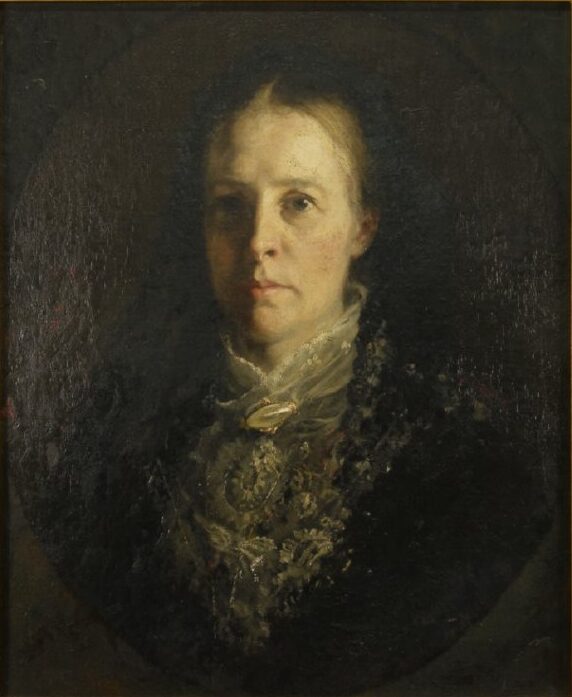 An oil painting of a portrait of a woman with strong light and shadow, and a pearl around her neck.