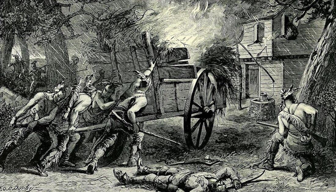 Black-and-white illustration of Native men pushing a carriage toward a wooden house. Other native men can be seen in the background hiding behind trees with guns. A white settler lays on the ground, possibily dead.