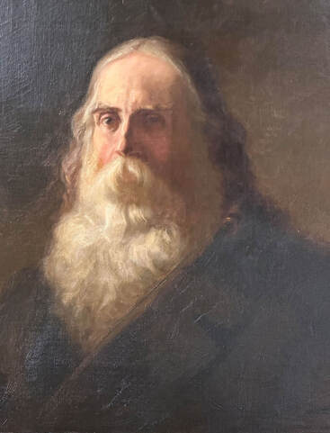 Oil painting portrait of elderly man with long white bear and long hair