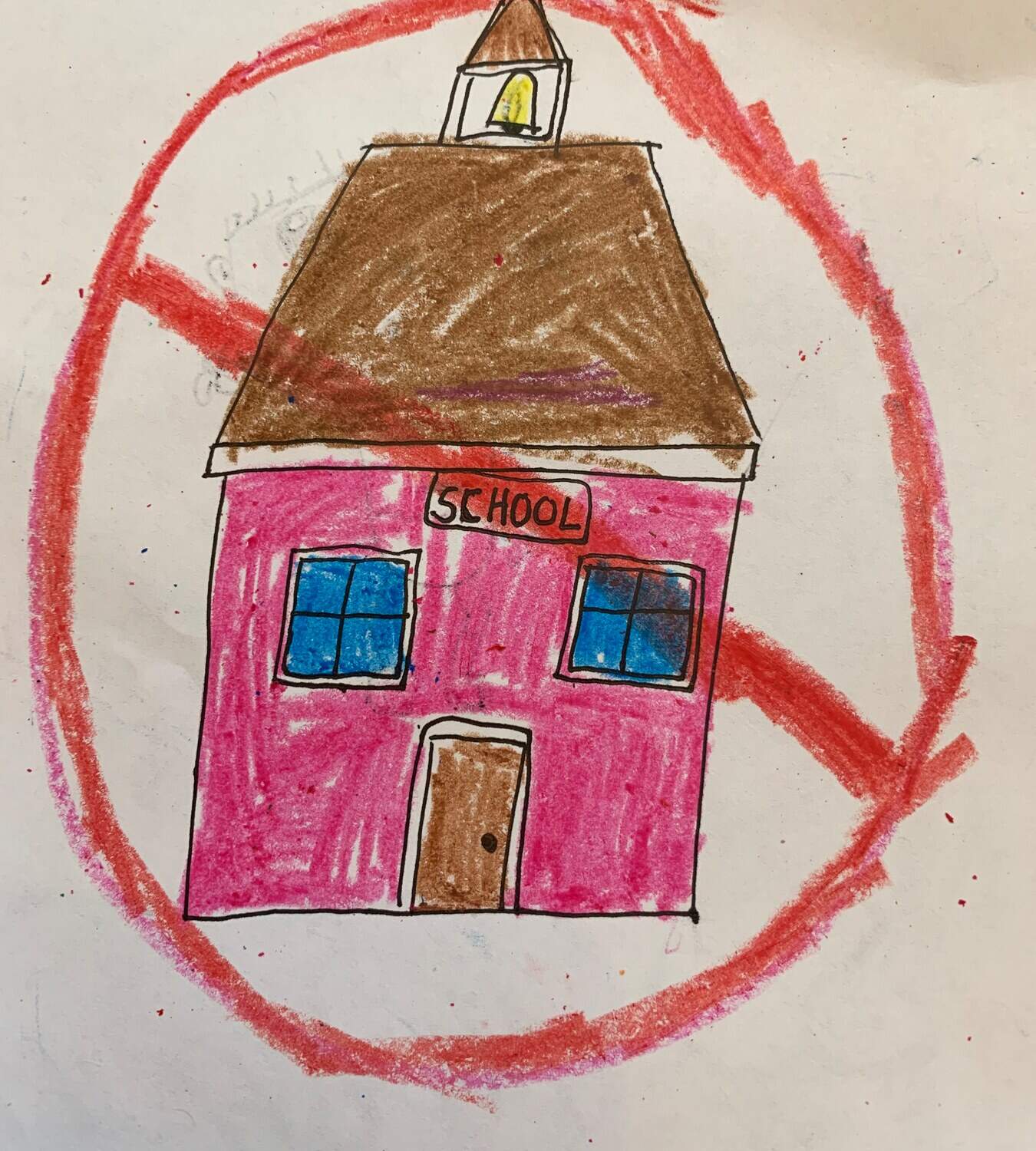 colorful drawing of a schoolhouse with a large red circle and line across it