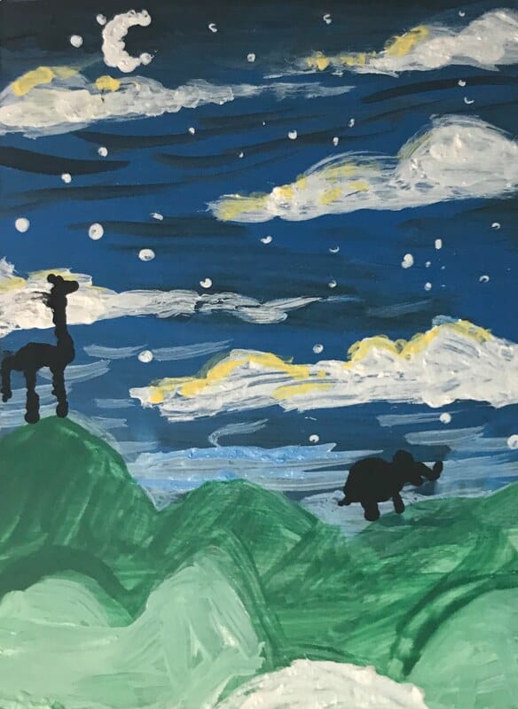 painting of a nightime scene with green hills, blue starry sky, and white clouds