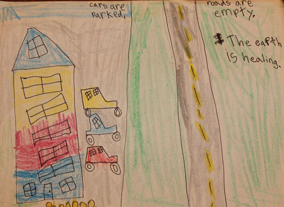 Child's drawing of cars parked by a row of houses. It says 'cars are parked, roads are empty, the earth is healing'.