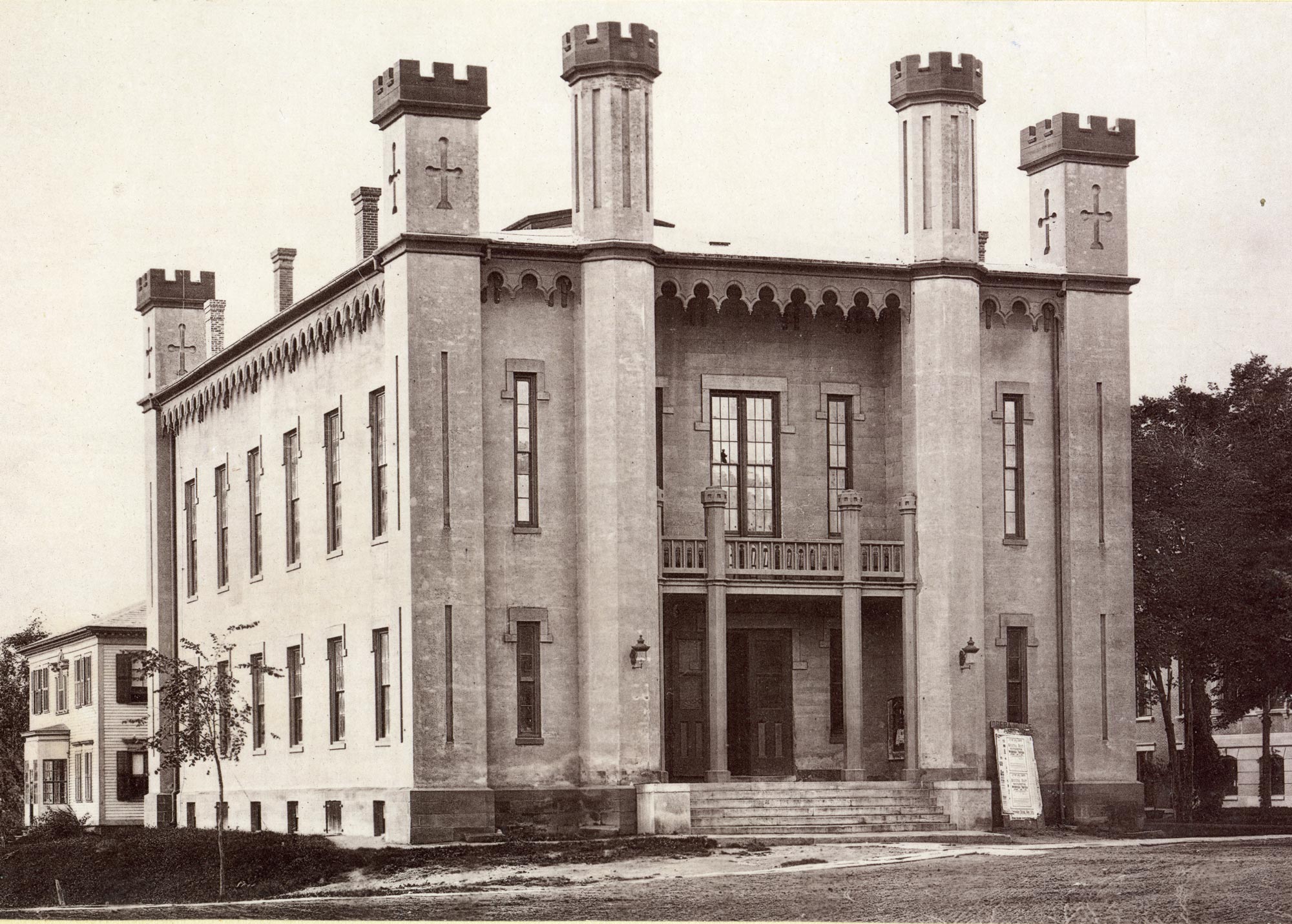 Northampton, MA City Hall, circa 19th century, built in the style of a castle with fake parapets.