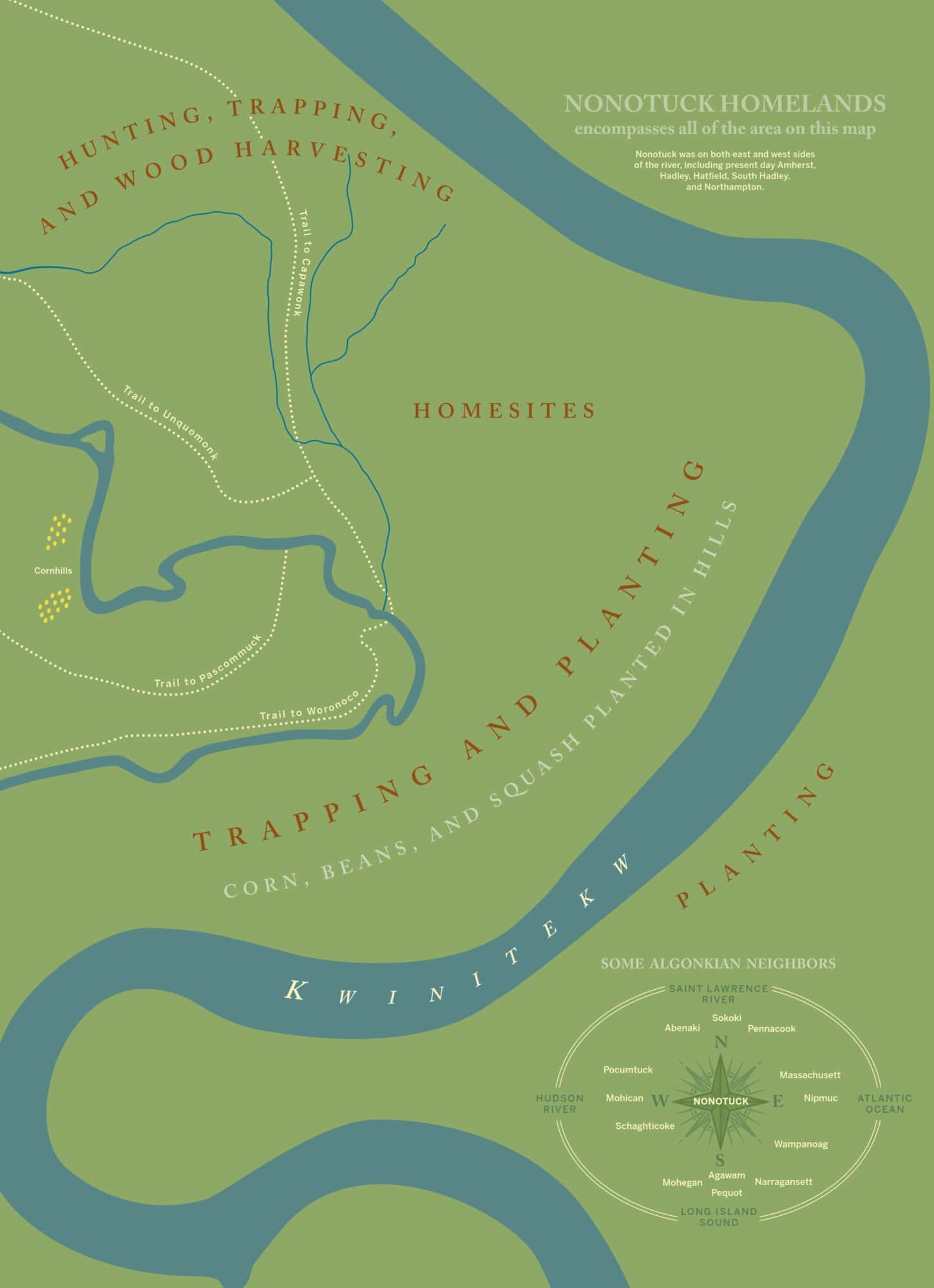 Graphic of Nonotuck hunting, trapping and planting areas along both sides of Connecticut River