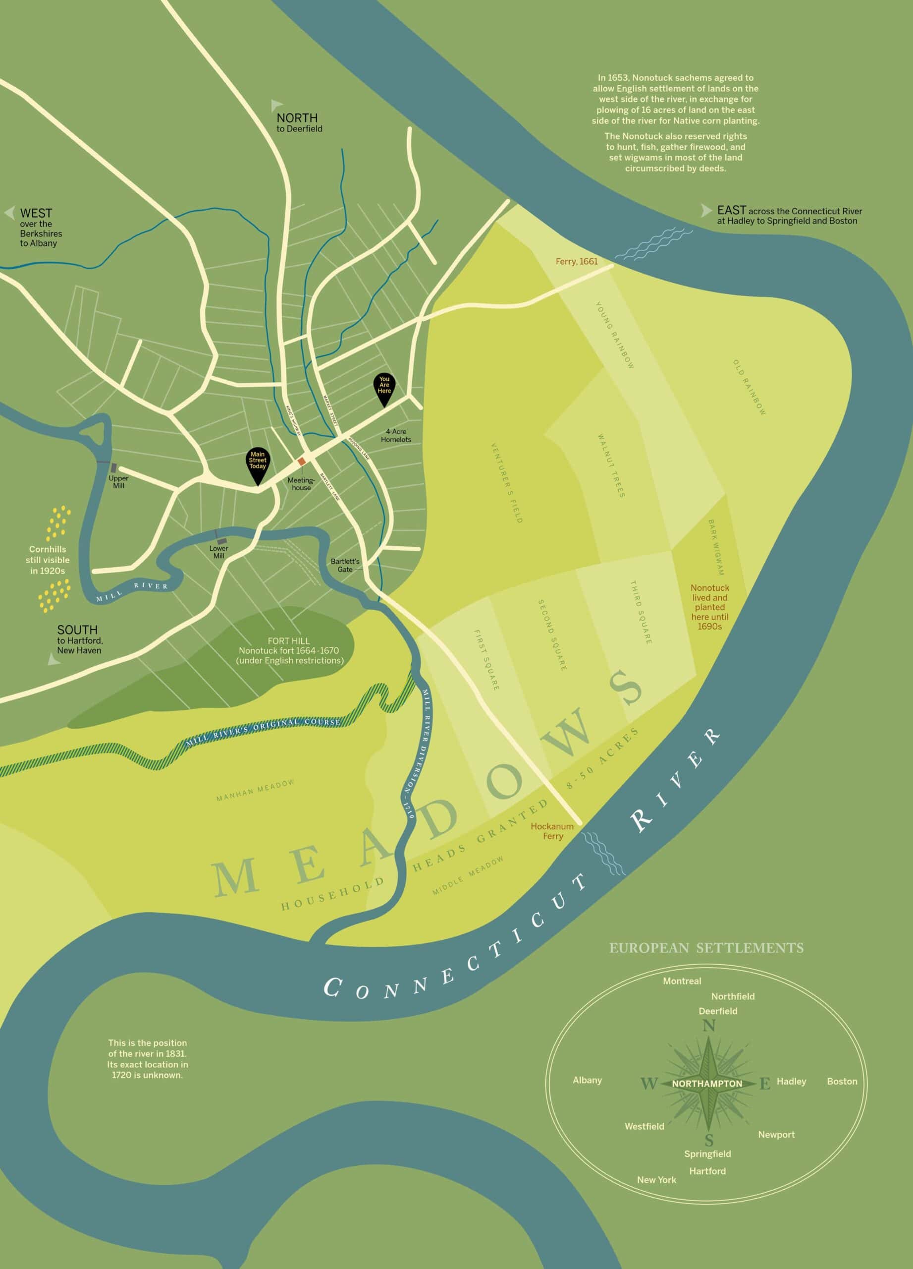 Graphic showing town of Northampton and Meadows area to northwest of Connecticut River