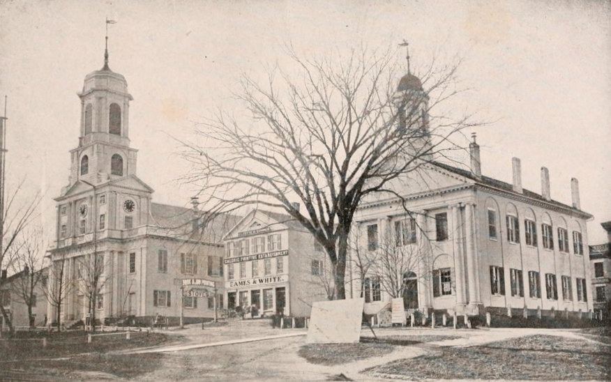 A black-and-white photograph showing a historic downtown featuring three distinct, closely positioned multi-story buildings and a large, leafless tree centered in the foreground. On the left side of the scene stands a prominent, grand church featuring a multi-tiered bell tower topped with a tall, slender spire and a weather vane. The church facade is designed with classical architectural elements, including a row of grand columns at its entrance, multiple rows of multi-pane windows, and a round clock face positioned high on the tower structure.To the right of the church, a smaller, narrower three-story commercial building sits slightly back from the main line of the square. The storefront displays prominent, vintage signage reading "EAMES & WHITE" on the lower level, with additional text above reading "GAZETTE PRINTING ESTABLISHMENT" and "BOOK & JOB PRINTING".Positioned to the right of this commercial building is a large, leafless deciduous tree with an expansive network of branches spreading across the center of the image.Further to the right stands a large, majestic courthouse building with a Greek Revival design. Its facade features a grand portico supported by prominent columns, and the roofline is crowned by a central octagonal cupola with a domed top. The side of the courthouse stretches back along the right edge of the frame, lined with uniform rows of large multi-pane windows and several tall chimneys rising from the roof. The foreground consists of an open, unpaved square with dirt paths leading toward the buildings. 