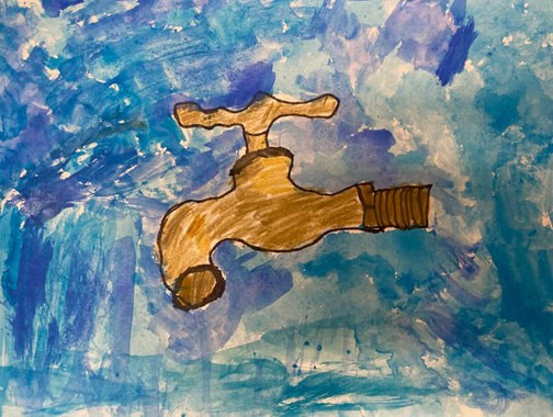 painting of a brass faucet in blue flood of water