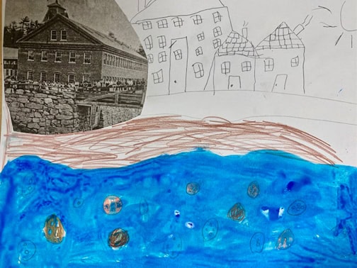 Collage and drawing with old photo of mill building and blue water rising below