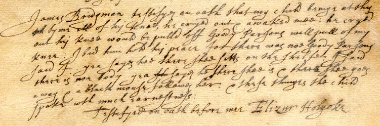 "Testifyed on oath before me Elizur Holoyke James Bridgman testifed on oath that my child benige at this tyme ill of his knee, he cryed out & awaked mee : he cryd
out his knee would be pulled off Goody Parsons will pull of my knee : I bid him hold his peace for there was noe Goody Parsons said I. yea says hee there shee sitts on the shelfe, I said there is noe body yea sayed he there shee is & there shee goes away & a black mouse followes her : & these thigns the child spake with much earnestness..."