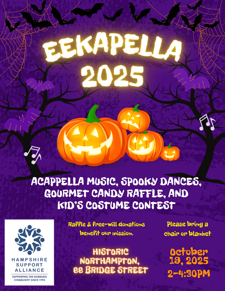 A colorful poster, dark purple background with black, purple and orange bats and spider webs. At center a pile of 4 different sized orange jack o' lanterns. The poster reads: 'EEKAPELLA 2025: with Spooky Dances, Gourmet Candy Raffle, & Kid's Costume Contest' plus location and sponsor information.