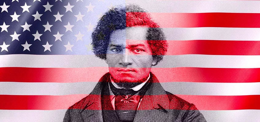 Graphic with image of American flag superimposed with portrait of a young Frederick Douglass.