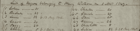 A section of the document. It names 12 of the people he enslaved, the actual document is much longer. Listed are: John - 31, Rachel - 23, Lewis - 1 1/2, Jacob - 30, Peggy - 28, Calvin - 5, Charles - 20, Sarah - 27, Sam - 25, Fanny - 26, Charlotte - 8, Julia - 2 1/2.