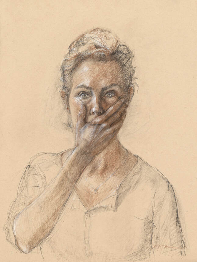 Pencil drawing of a woman holding her hand over her mouth