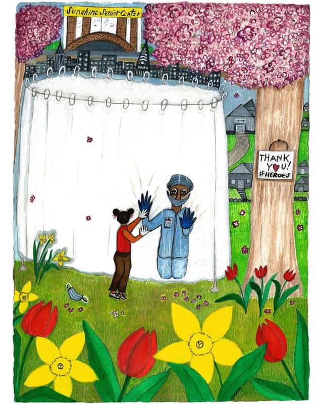 colorful drawing of a medical worker within a curtained area outdoors, holding up their hands to a woman outside. A sign on a tree reads Thank You!#Heroes