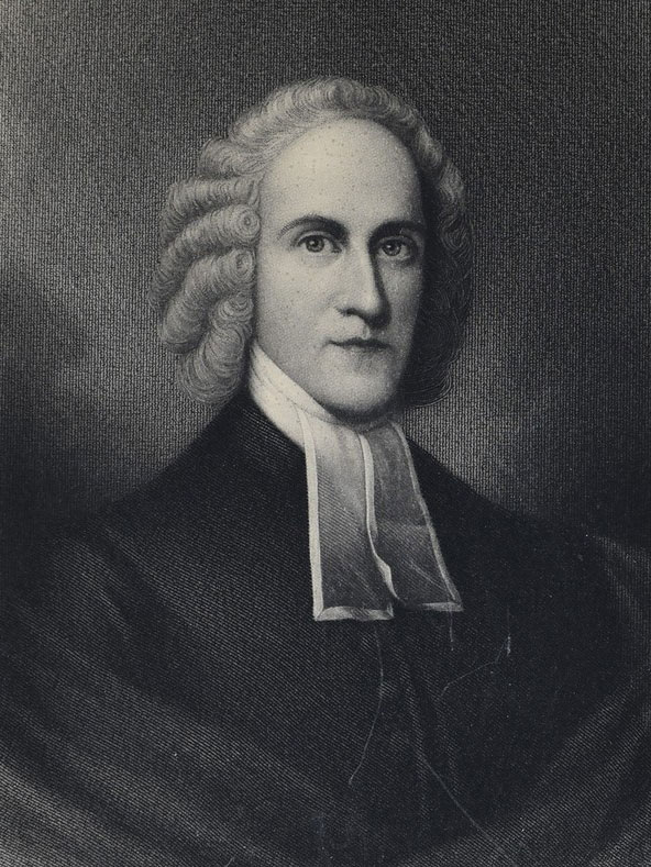 A delicately shaded engraving of a man in a white curled wig and robe with formal tie. The man has sharp features and dark eyes and lips.