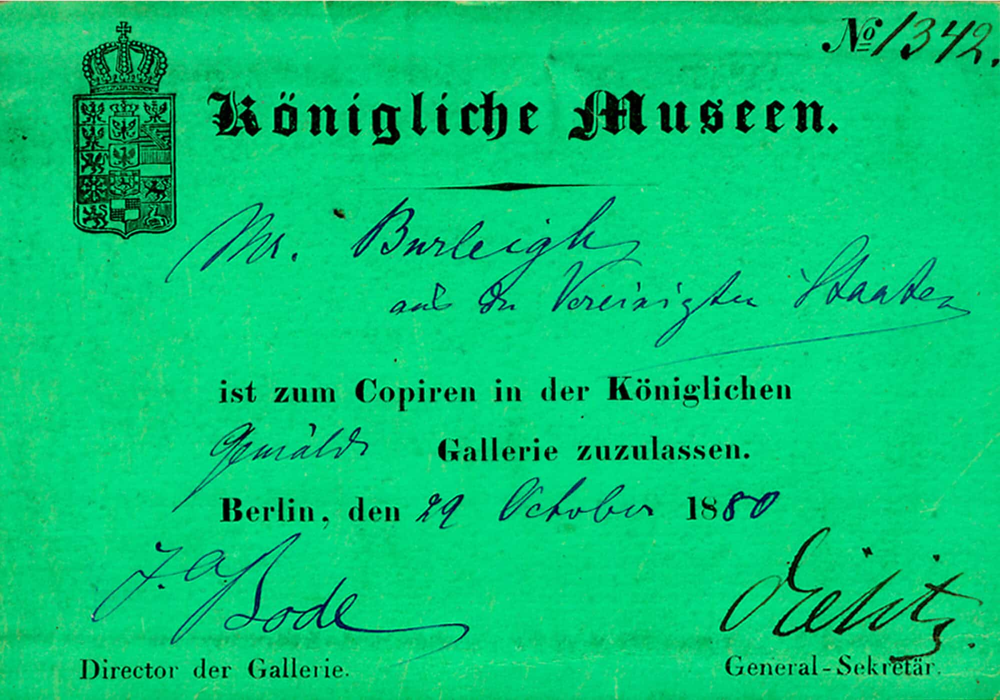 Photograph of a florescent green card that reads in print: "Konigliche Museen." 