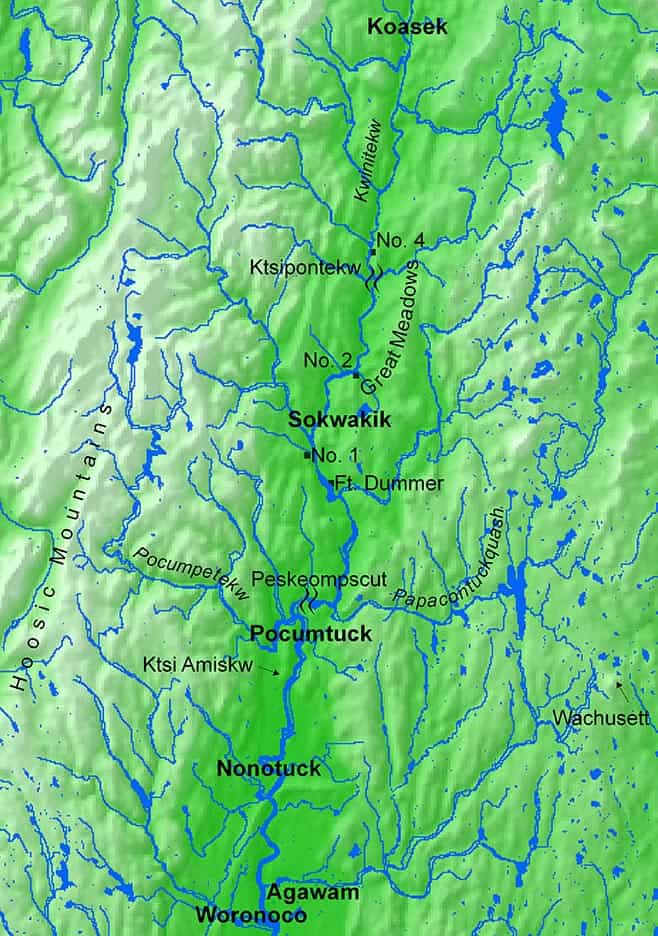 This map illustrates the central part of the river Kwinitekw from Koasek (in present-day Vermont) to Ktsipontekw, the “great falls” in Sokoki territory, to Peskeompscut, the “great falls” in Pocumtuck territory, with Native wôlhanak (“hollowed out places,” or intervales) highlighted. This map also notes the locations of four 18th century colonial settler forts (Fort Dummer, Fort No. 1, Fort No. 2, and Fort No. 4) that were temporarily situated within this Native space.