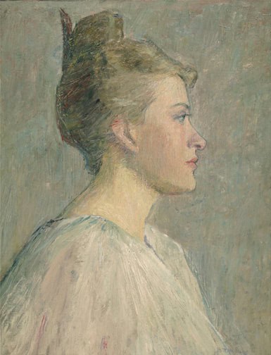 A painting of a young woman in profile, in subtle, life-like tones and a slightly impressionist style.