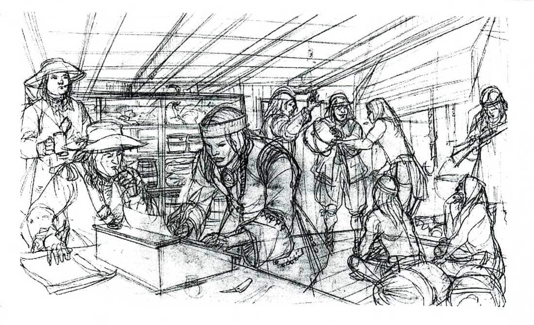 Sketch-like illustration of native people and settlers trading. A native person appears to be signing a document while two settlers look on. Men gather around talking and looking at objects in the background.