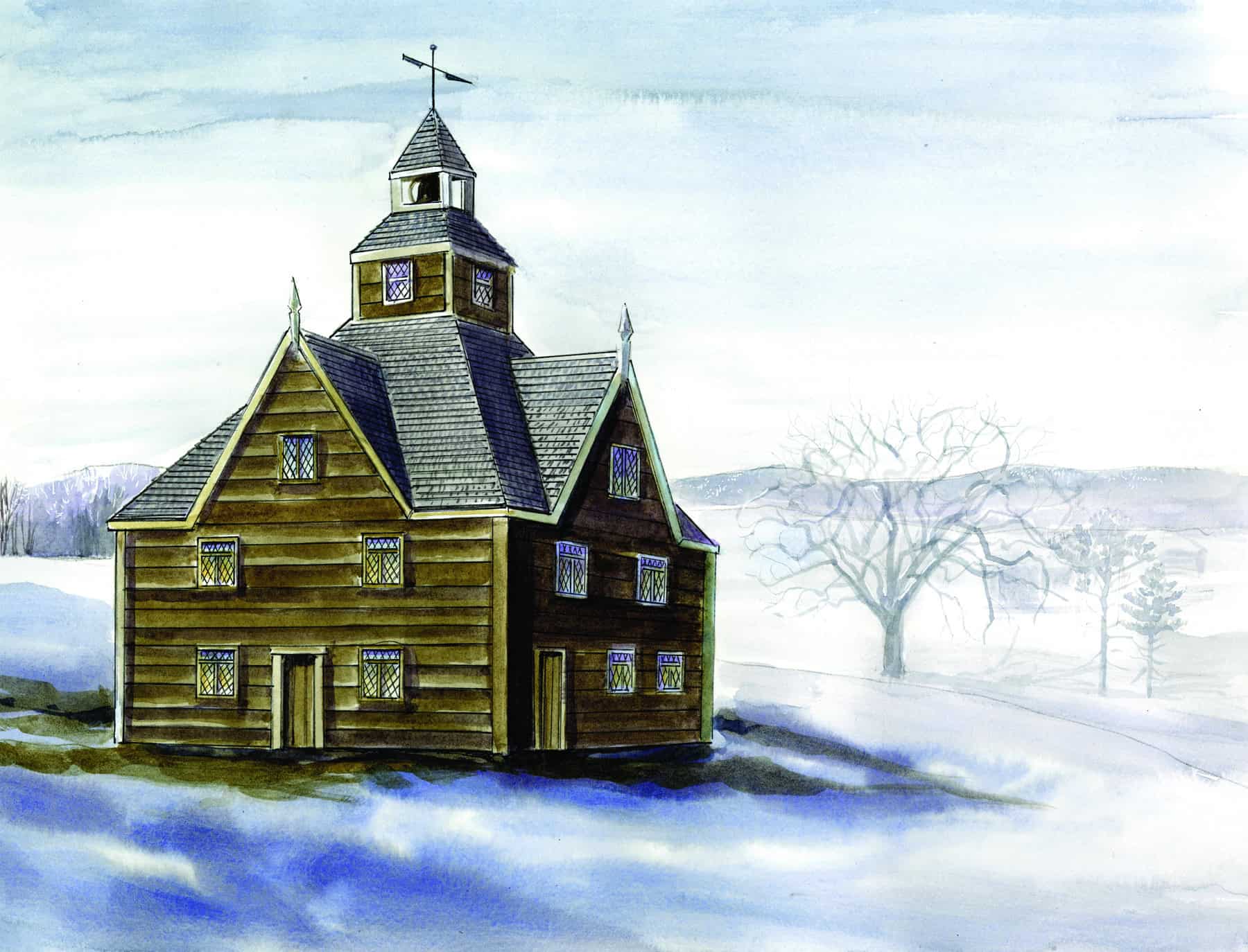 A modern drawing of the second meetinghouse in Northampton. Surrounding the old wood meeting house is snow and bare trees.