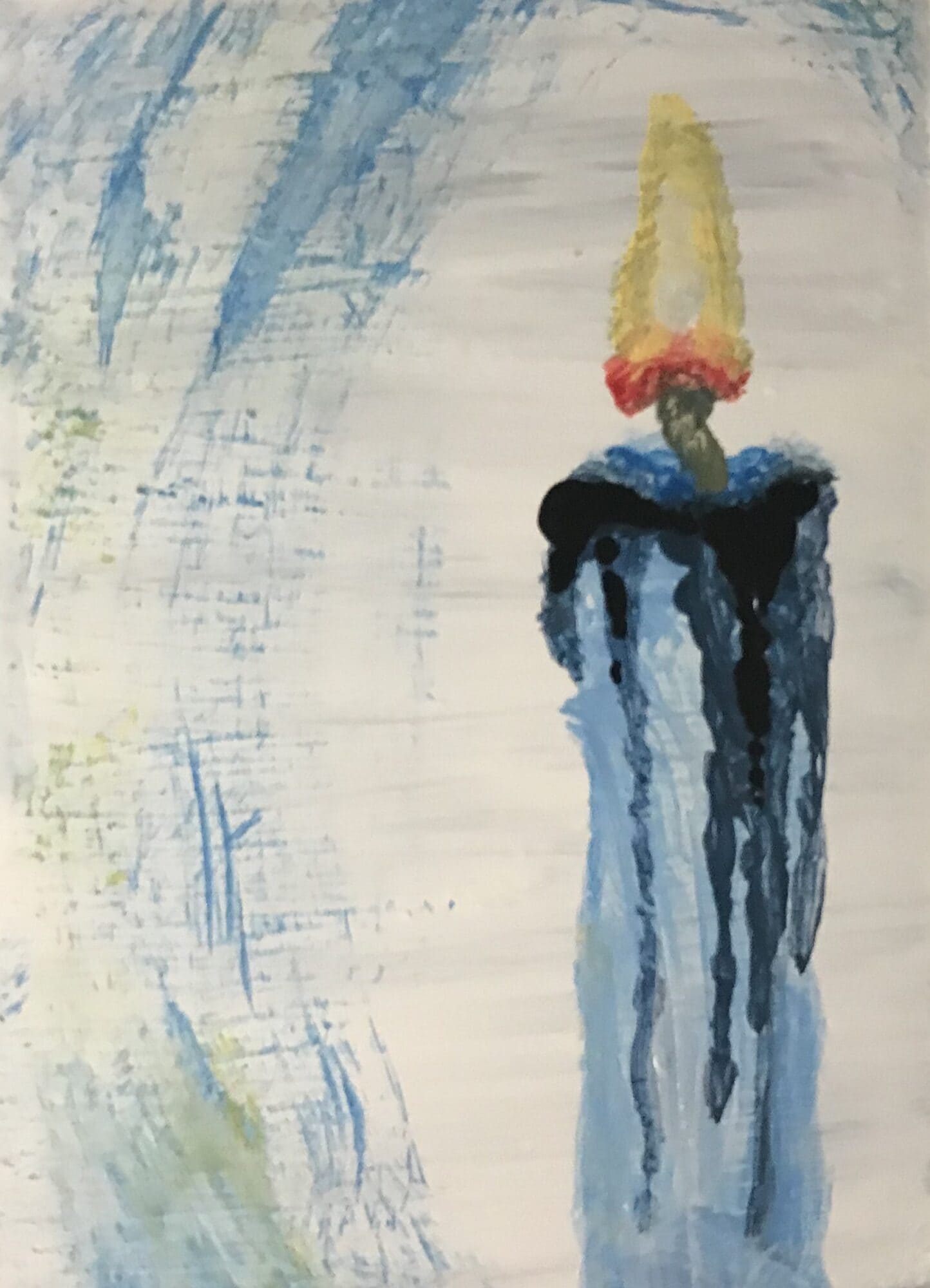 Painting of a lit blue candle, with yellow and red flame.