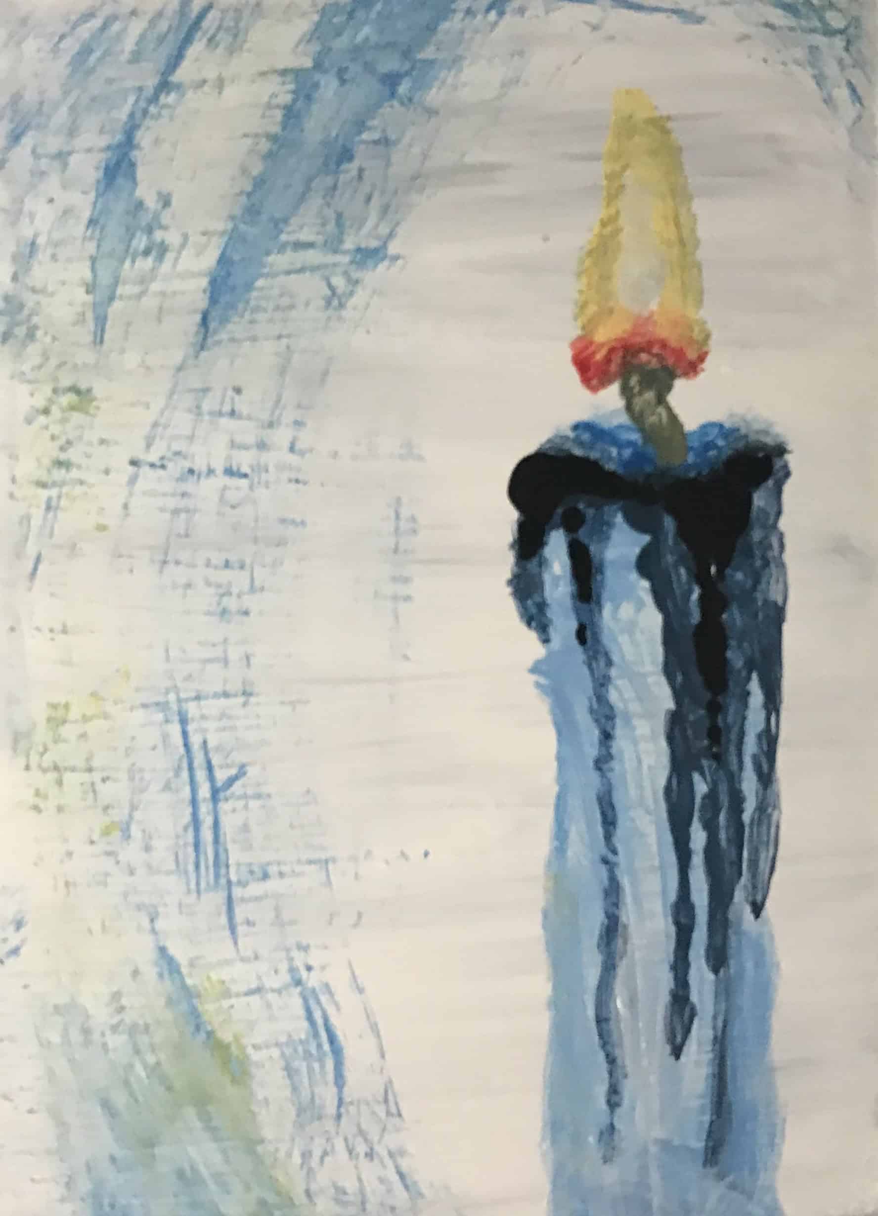 Painting of a lit blue candle, with yellow and red flame.