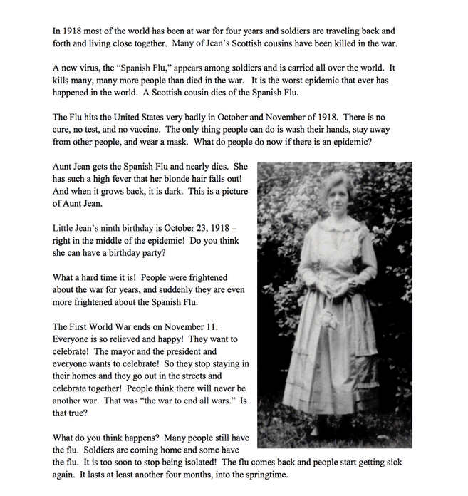 image of a page from book Little Jean with photo of Aunt Jean and text about the Spanish Flu epidemic of 1918