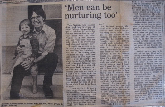 newspaper article with photo of man and child and quotation reading Men can be nurturing too