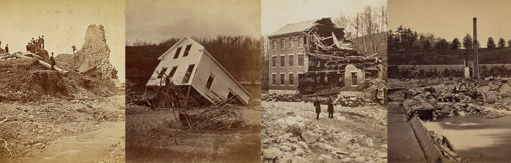 Four photographs of the aftermath of a devestating flood: ruins of buildings and other man-made structures.