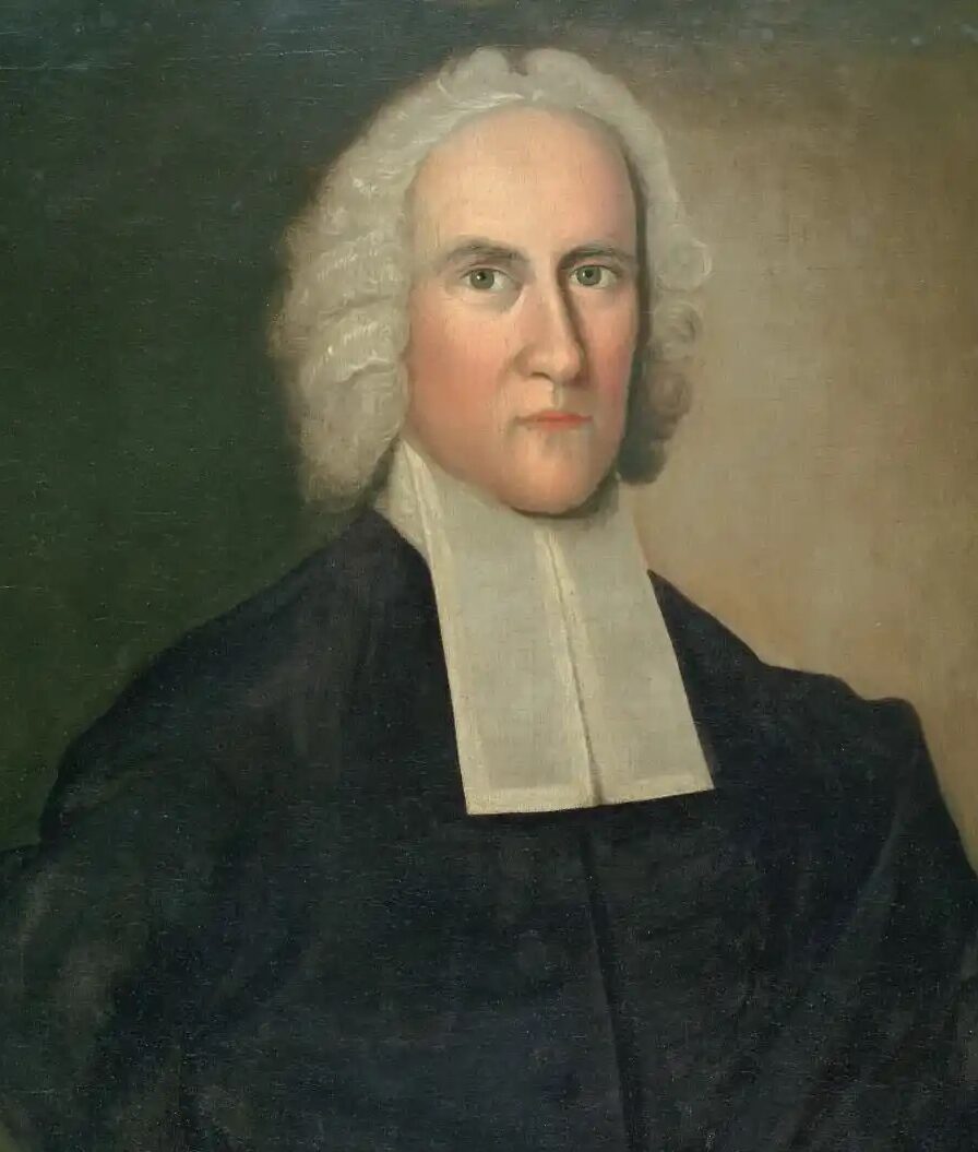 Oil on canvas portrait of Jonathan Edwards. He has on a black-and-white suit and white curled hair or wig. He looks directly at the viewer.