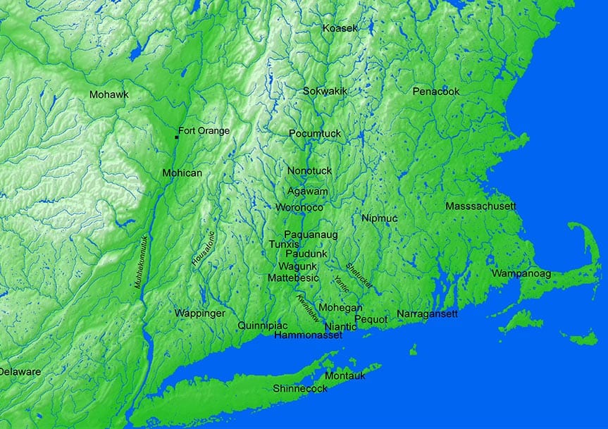 This map illustrates the Indigenous territory that now constitutes southern New England, highlighting the tribal communities located along the Kwinitekw (Connecticut River) while also noting some of the other surrounding tribal nations.