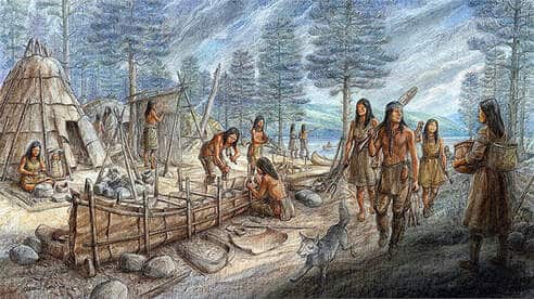 Colored illustration of an Indigenous community on the river.