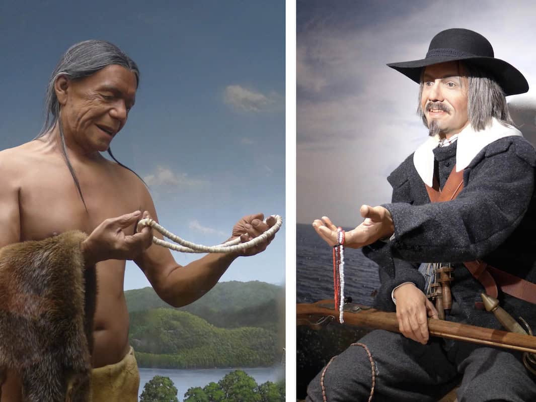These two life-size dioramas portray Native trading in the 1600s. On the left is a Pequot man holding a strand of shell wampum beads. He has a piece of fur clothing draped over his arm. On the right is a Dutch trader offering glass beads and iron tools to trade, he has a gun resting on his lap.