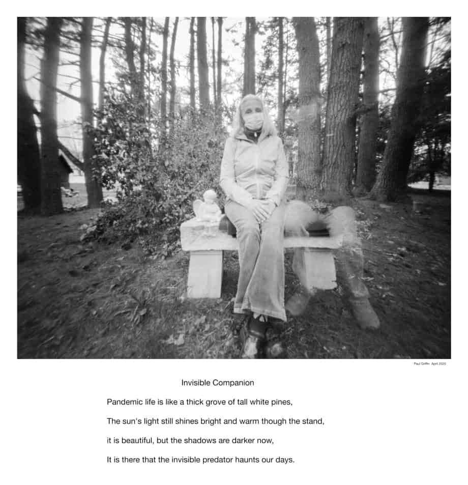 Black and white photo of a woman seated on a bench wearing a covid mask, and faint, blurred image of a person seated next to her. There is a poem below entitled Invisible Companion