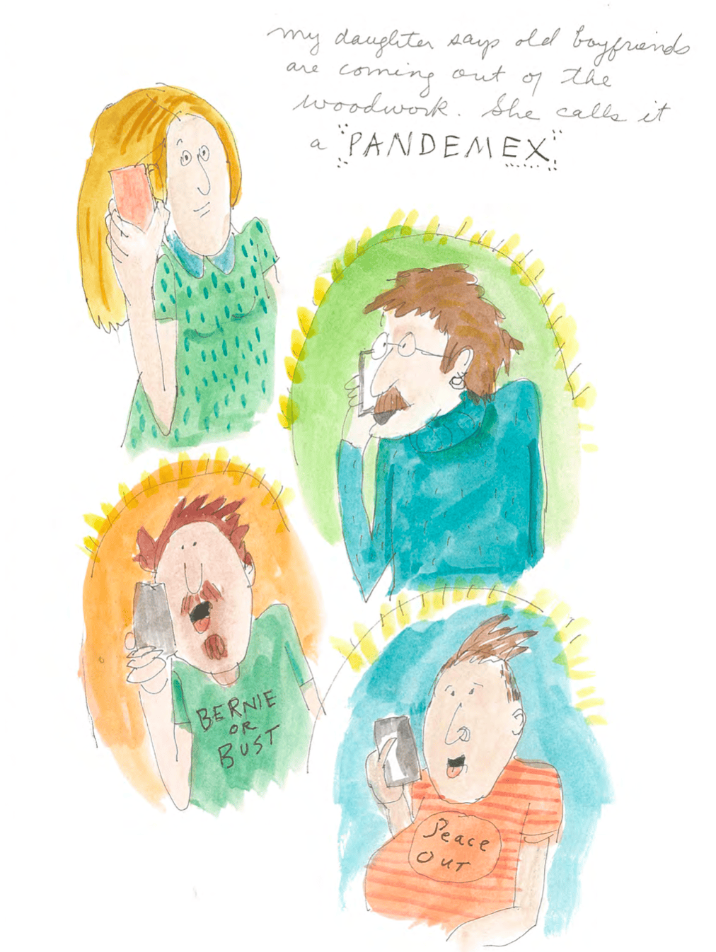 illustration of woman on phone and three men on phone, with text: My daughter says old boyfriends are coming out of the woodwork. She calle it a Pandemex