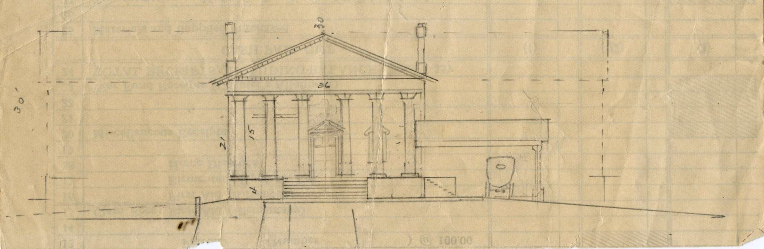 Pencil drawn sketch of Shepherd Barn, drawn by Thomas Shepherd. On yellowed aged paper.