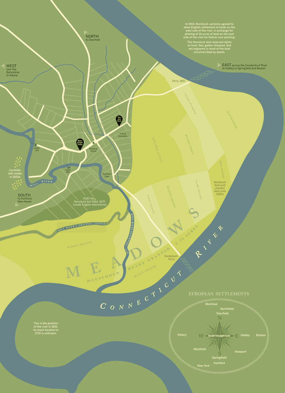 A simple map showing the Connecticut River, bordered by meadows land and a few streets constituting Northampton.