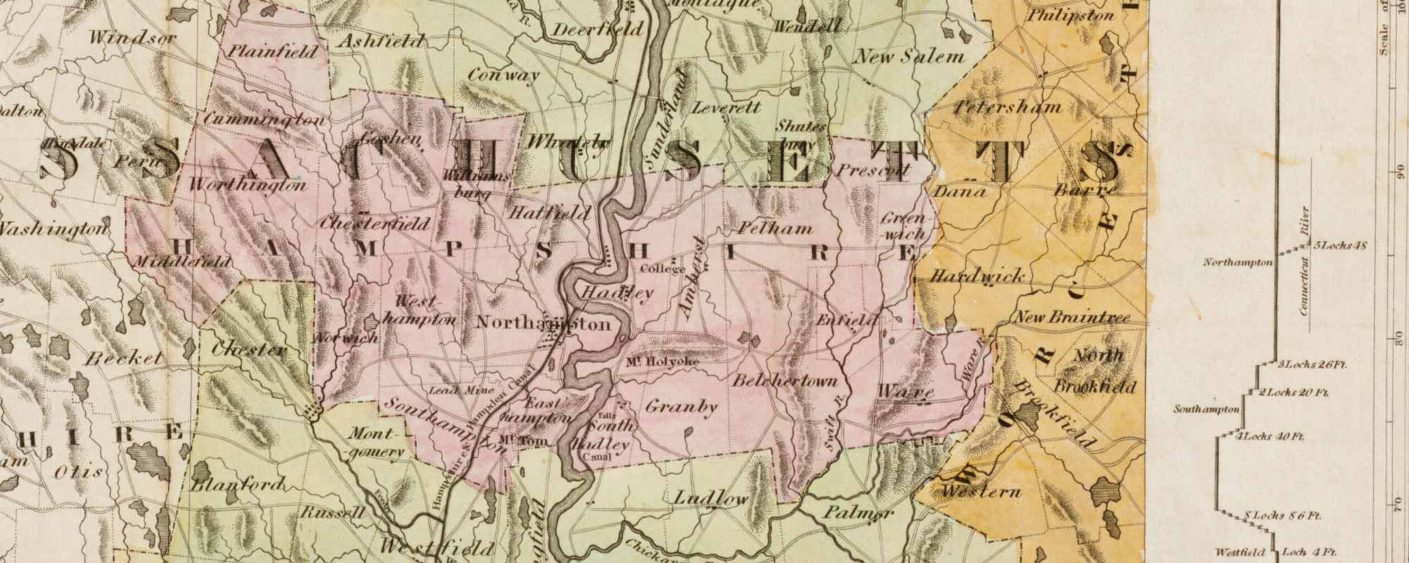 A detailed close-up section of a 19th-century historical map focusing on Hampshire County, Massachusetts, from the same Farmington & Hampshire & Hampden Canals survey. The prominent, winding Connecticut River cuts vertically through the center of the map, flowing past towns like Hadley, Hatfield, and Northampton. Rolling hills and terrain elevations are indicated by fine, hatched shading lines (hachures).