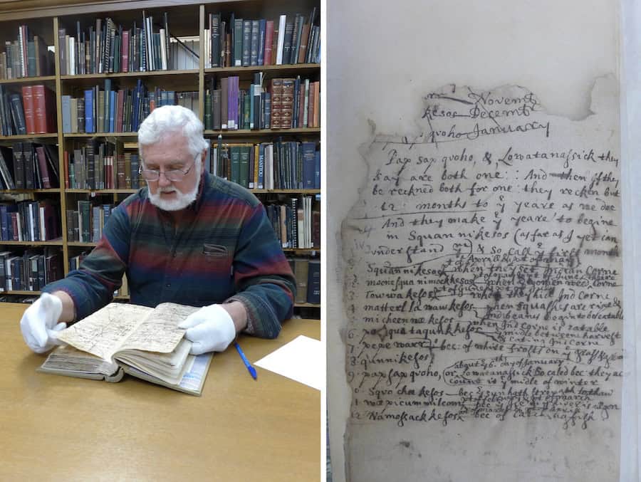 Two side-by-side photographs. On the left is a photograph of Peter Thomas examining a book while wearing white gloves. Behind him are bookshelves filled with books. On the right is a document from the book.