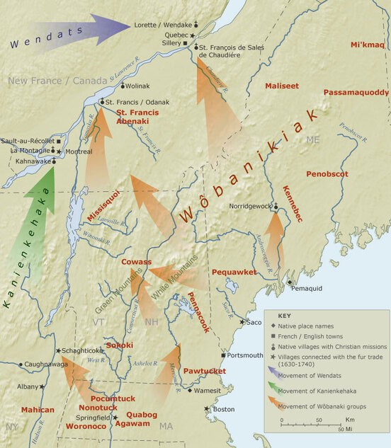 Map of native territory and movement. The map highlights Pocumtuck, Nonotuck, Quabog, Woronoco, and Agawam people leaving Western Massachusetts and heading northeast into New York and northeast into New Hampshire. 