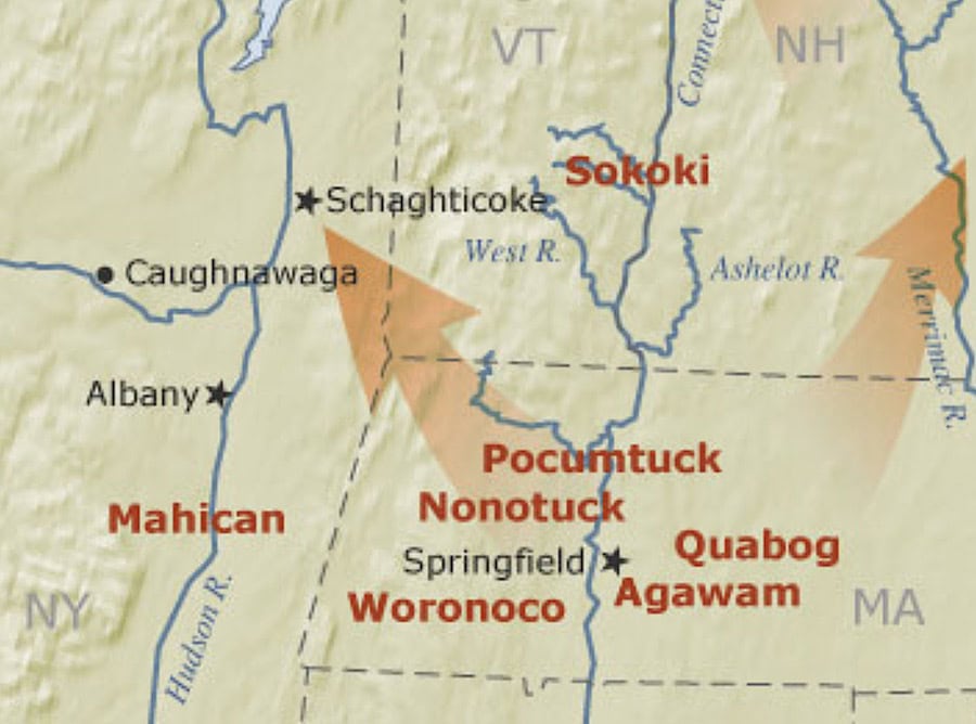 Map of native territory and movement. The map highlights Pocumtuck, Nonotuck, Quabog, Woronoco, and Agawam people leaving Western Massachusetts and heading northeast into New York.