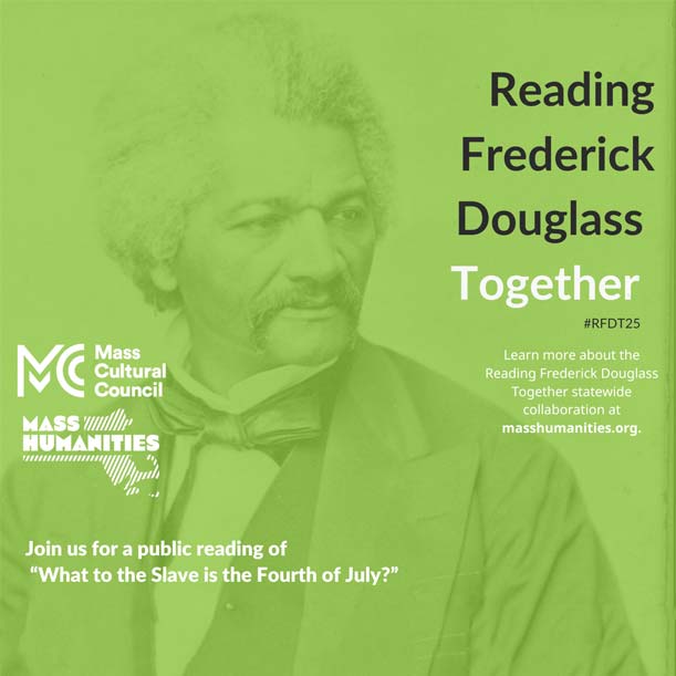 Reading Frederick Douglass Together Poster featuring a portrait of Douglass in a suite, tie and vest, with salt-and-pepper hair and a mustache.