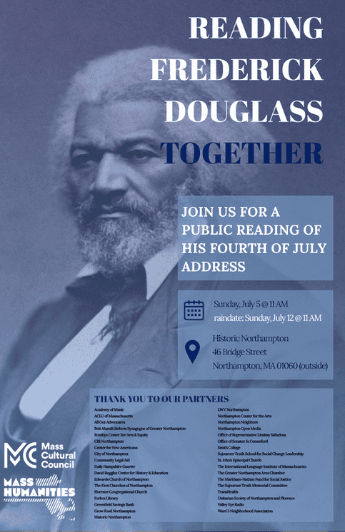 Image of a poster depicting portrait of Frederick Douglass overlaid with text: 'Reading Frederick Douglass Together: Join us for a public reading of his fourth of July Address...'