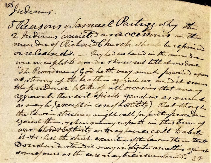 A picture of a manuscript document detailing a conflict between Native men and a colonial settler. The manuscript is yellowed.
