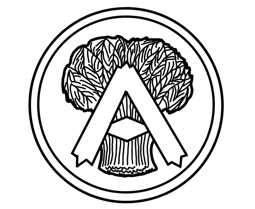 black and white drawing of a broccoli crwon and A on top