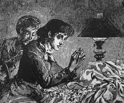 Black-and-white illustration of two women sewing infront of a lamp.