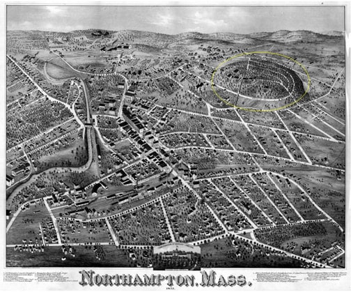 An old aerial schematic and map of Northampton, Mass in black and white, with round hill highlighted.