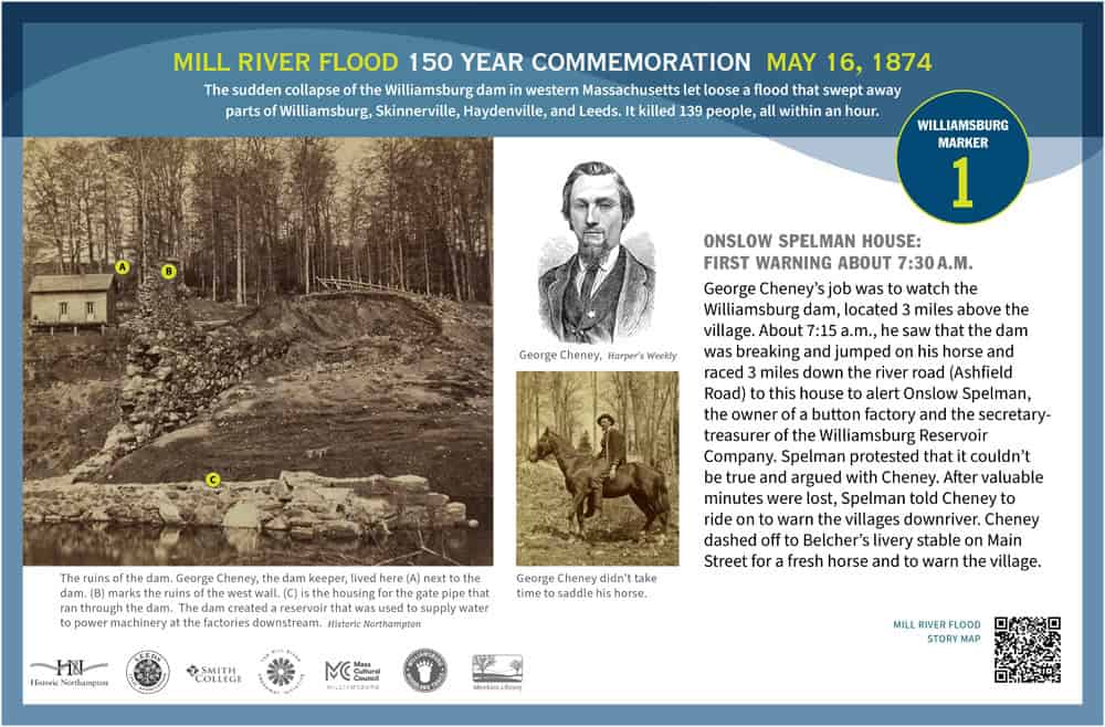 A screenshot of the interactive Mill River Flood commemorative marker story map.