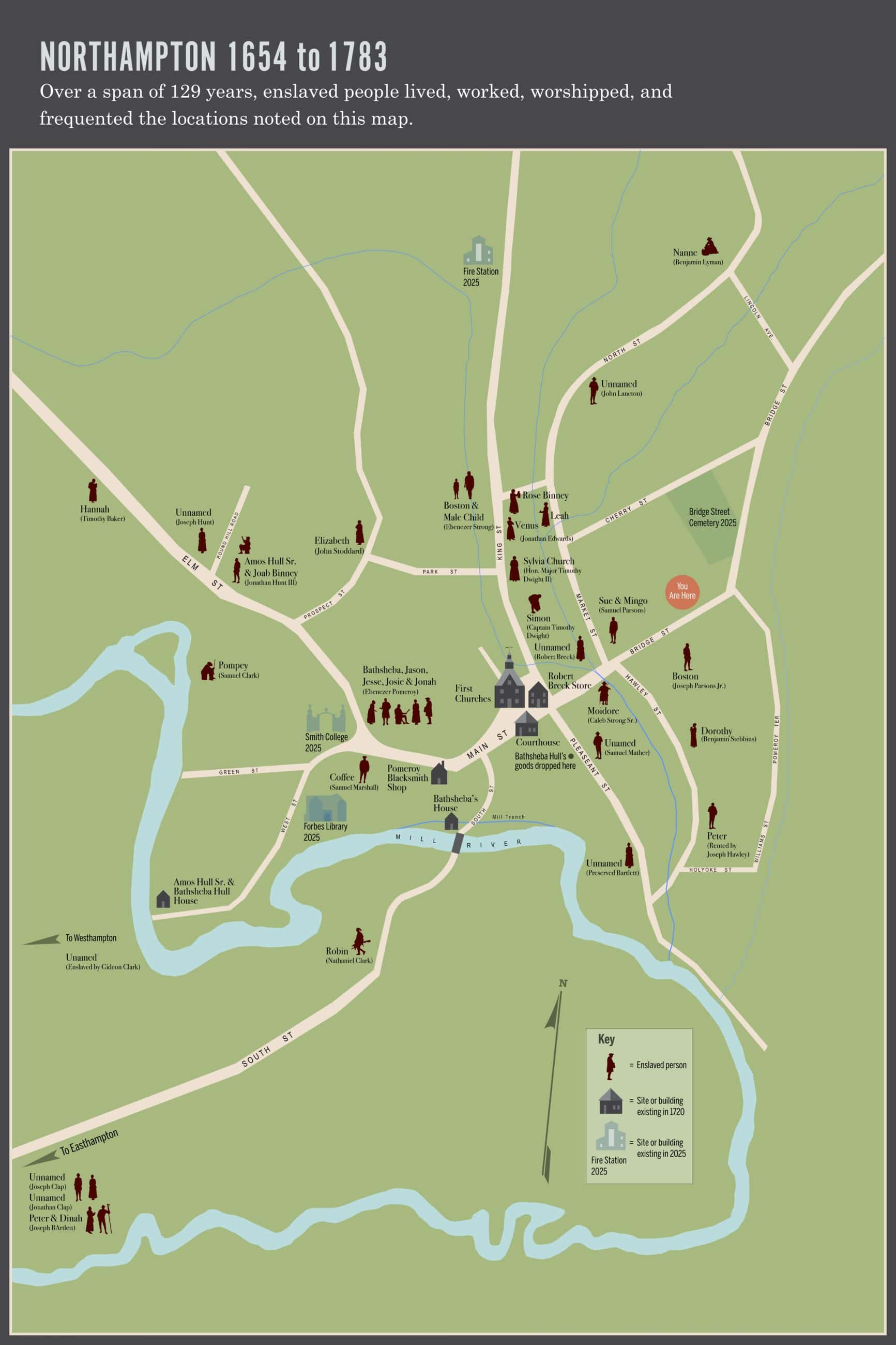 illustrated map of Northampton 1654-1783, showing locations where enslaved people lived, worked, worshipped, and frequented